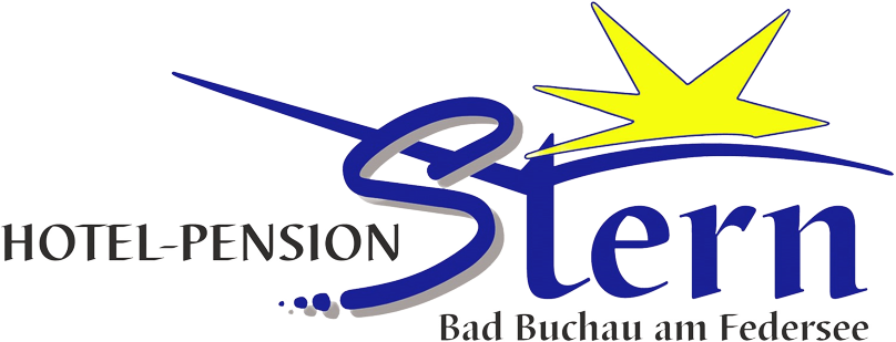 Hotel-Pension Stern Logo mit stilisiertem blauen Schriftzug „Stern“, gelbem Sternsymbol darüber und dem Zusatz „Bad Buchau am Federsee